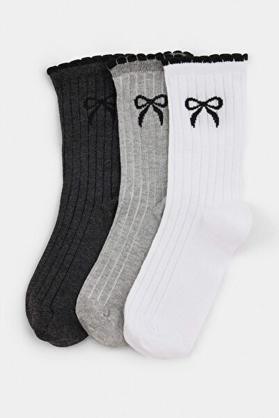 Trendyol Collection White-Grey 3-Piece Embroidered Jacquard Knitted Socks Thm...