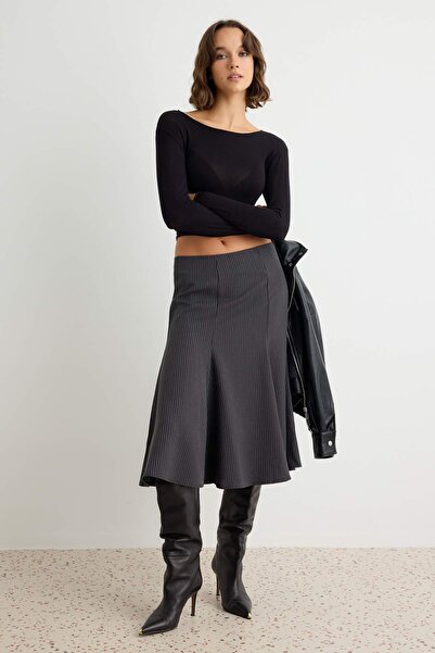 Trendyol Collection Anthracite Striped Flounce Midi Skirt Twoaw27Et00029