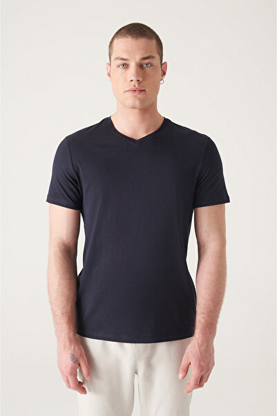 Avva Men's Navy Blue V-Neck Cotton Plain T-Shirt E001001