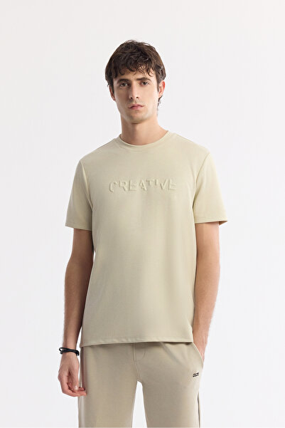 Avva Erkek Bej Bisiklet Yaka Baskılı Bi-Stretch İnterlok Regular Fit T-Shirt ...