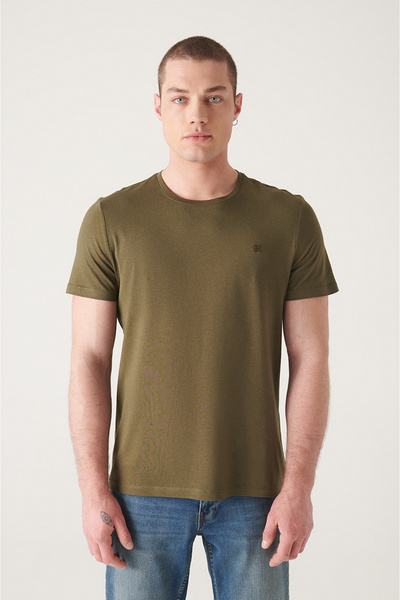 Avva Pánské tričko Khaki Crew Neck Soft Touch Basic Regular Fit B001171