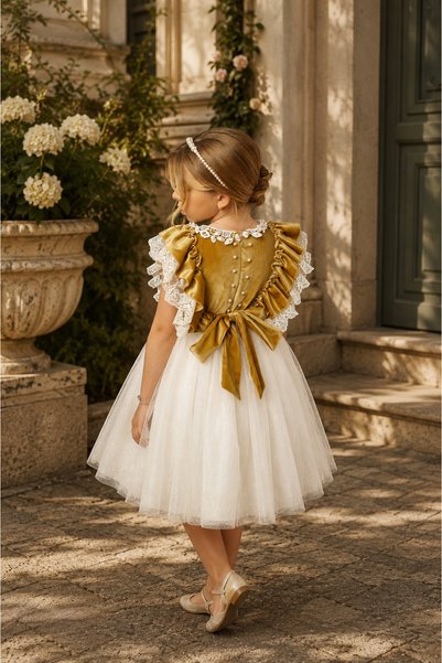 HC Kids Wear Kız Çocuk Abiye Mezuniyet Kadife Dantel Detaylı Prenses Elbise
