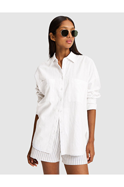 Pierre Cardin Beyaz Oversize Keten Karışımlı Gömlek 50328624-VR013