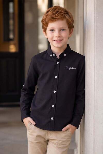 Fulla Moda Yazı Printed Boys' Shirt with Folded Sleeves