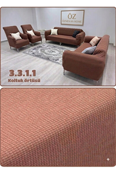 ÖZMAKAN Lycra Sofa Cover 3+3+1+1. Elastic Flexible Washable Square Pattern So...