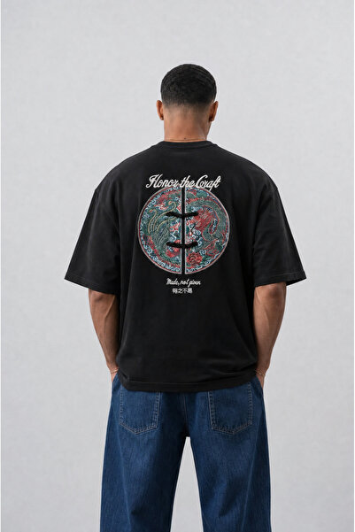 Respire Men's Craft Embroidery Detailed Oversize T-Shirt Black