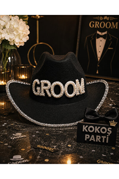 Kokoş Parti Siyah Groom Taşlı ve İncili Lüks Kovboy Şapkası • Cowboy Şapka • ...