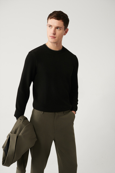 Avva Men's Black Double Collared Textured Knitwear Sweater A32Y5100