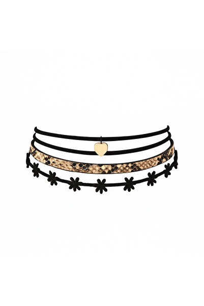 Belora Choker Multistrat 4 în 1, Inimioară Aurie, Imprimeu Snake, Catifea Flo...