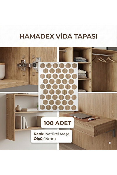 HAMADEX Yapışkanlı Vida Tapası, Vida Kapatıcı Kapağı, Naturel Mese (100 Adet)