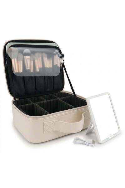Generic Makeup Bag with LED Mirror and Compartments, White, 26x23x10cm
