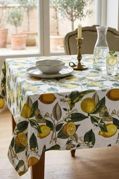 Rona Home Lemon Patterned Tablecloth Cotton Fabric Yellow Lemon Green Leaf Pa...