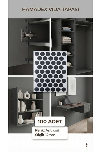 HAMADEX Yapışkanlı Vida Tapası, Vida Kapatıcı Kapağı, Antrasit (100 Adet)