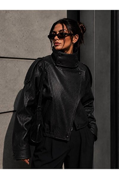 mega lucky Zr Model Black Oversize Stand Collar Leather Jacket