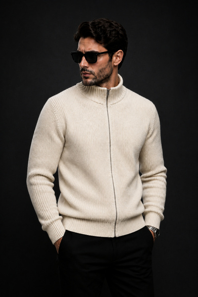 EMR Online Men's Knitwear Sweater Zippered Stand Collar Thick Knitted Texture...