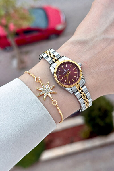 Daniel Klein Women's Wristwatch and Bracelet with Dial in Burgundy, Gold Grey...