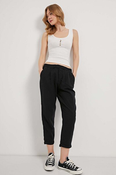 Arma Life Women's Elastic Waist Loose Linen Black Carrot Trousers