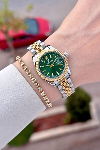 Daniel Klein Women's Wristwatch and Bracelet with Green Dial, Gold Gray Color...
