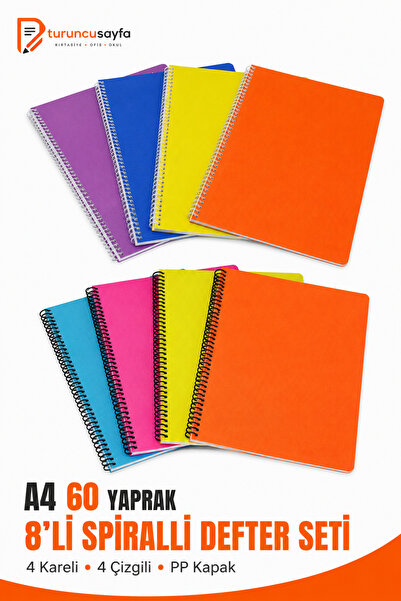 everart Mynote Defter A4 60 Yaprak 8 Adet (4 Kare+4Çizgili) Spiralli Pp Kapak