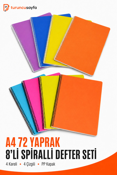 everart My noteDefter A4 72 Yaprak 8 Adet (4 Kare+4Çizgili) Spiralli Pp Kapak
