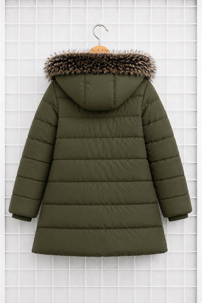 REGOS Girl's Khaki Puffer Coat Hooded Fur Winter Long Model