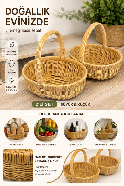 Kayra Stone İkili oval saplı çok amaçlı organize sepet