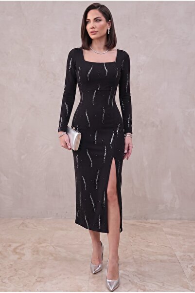 ALFUDO Moda Collection Uzun Kol Midi Boy Önden Yırtmaçlı Taş Baskı Kumaş Mezu...