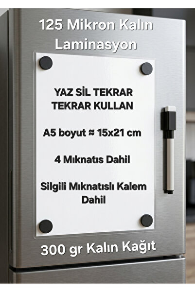 URDE Yaz Sil Notluk Magnet A5 Boyut LAMİNASYON (PVC) - Mıknatıslı Notluk Buzd...
