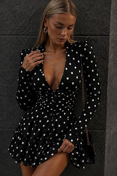 Tayt Factory Zr Model V-Neck Basic Polka Dot Flared Mini Dress with Shorts