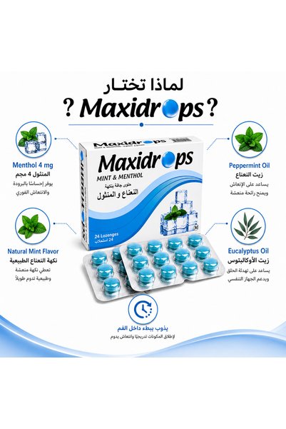 Maxidrops أقراص استحلاب النعناع والمنثول (4 ملجم) مع زيت النعناع وزيت الأوكالبتوس – انتعاش للفم والحلق – 24 قرص