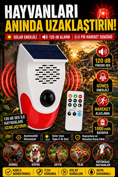 nelerbulurum Güneş Enerjili Sesli Hayvan Kovucu Alarm 120dB PIR Hareket Sensö...