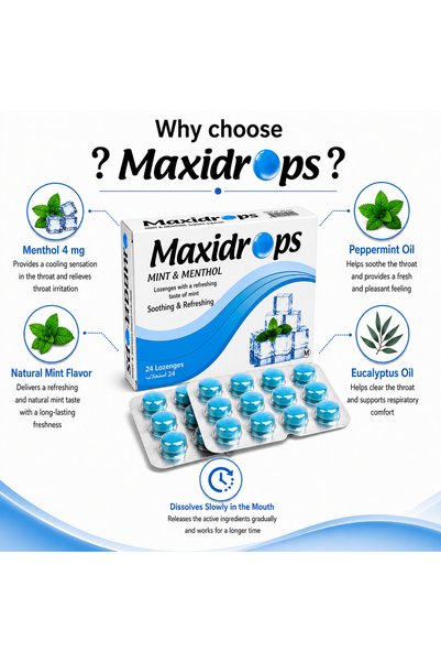 Maxidrops أقراص استحلاب النعناع والمنثول (4 ملجم) مع زيت النعناع وزيت الأوكالبتوس – انتعاش للفم والحلق – 24 قرص