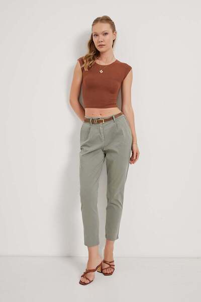 Arma Life Women's Belted Basic High Waist Khaki Carrot Pants