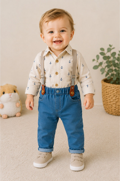 MixMax Bebe Baby Boy Sailor Anchor Patterned Long Sleeve Shirt and Jeans Pant...