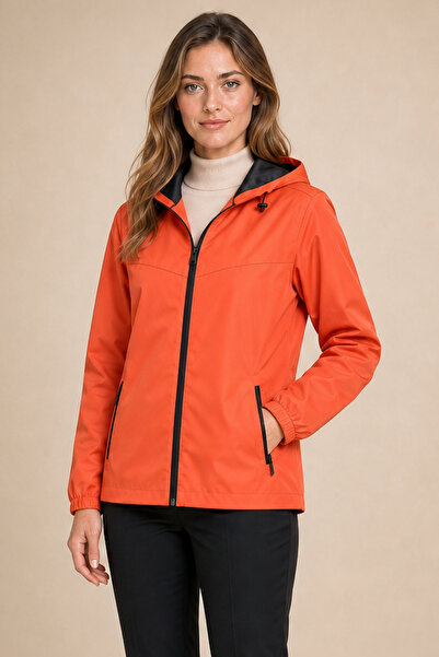 Firststops Women's Orange Water-Resistant Windbreaker & Raincoat with Removab...