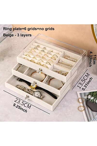Choice Beige-B 1pc Can Stack 3 Layers of Beige/Gray Drawer Style Jewelry Box ...