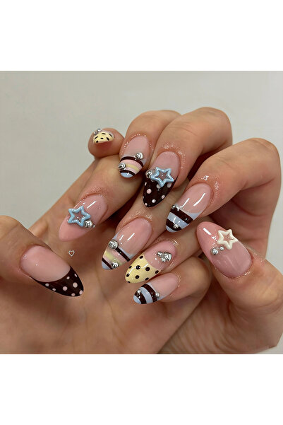 Choice5 Style 6 24Pcs Almond Shape False Nails Brown Stripes Pink Flowers Fak...