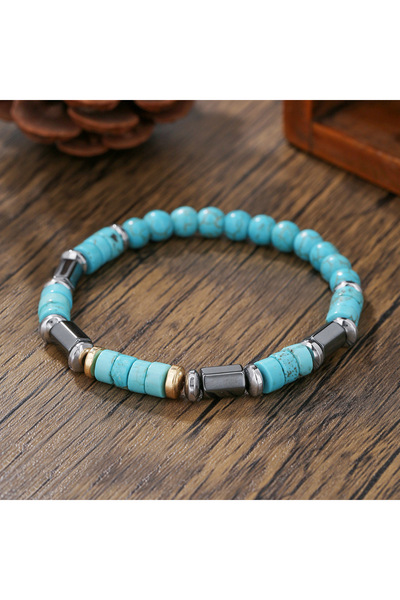 Choice Blue Fashionable Turquoise Black Stone Bead Bracelet Handmade Elastic ...