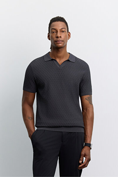 Avva Men's Anthracite Buttonless Polo Collar Full Jacquard Short Sleeve Regul...