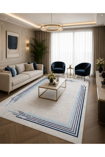 Pelura Halı Modern Çerçeve Desen Baskılı Kaymaz Yıkanabilir Salon Oturma Odas...