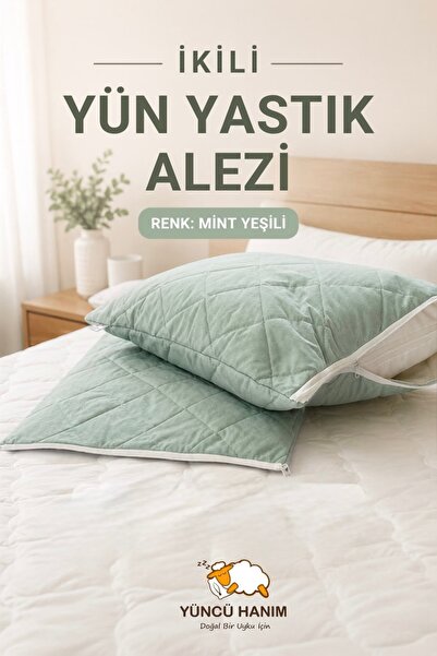 Yüncü Hanım Mint Green Colored Lamb Wool Filled Quilted Pillow Mattress, Natu...