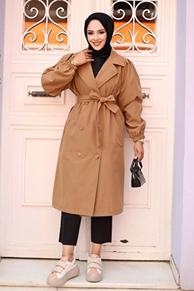 MİSSKAYLE Pleated Shoulder Detailed Trench Coat Camel 4429
