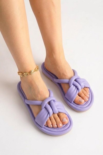 Allyup Lilac Puff Casual Women's Slippers - Soft Sole, Lightweight Flexible, Fluffy Ribbon Summer Sandals 026