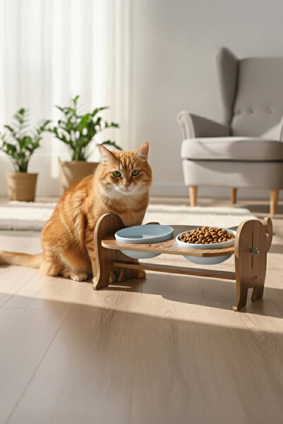 GOBYPET Ahşap Kedi Mama Seramik Su Kabı Standı,Kedili Mama Kabı, Hediye Kedi ...