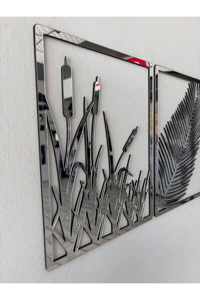 Numa Concept Duvar Dekoru 3'lü Gümüş Pleksi Yaprak Ve Sazlık Salon Ofis Ve Antre İçin Duvar Dekor Seti | 35x25 Cm