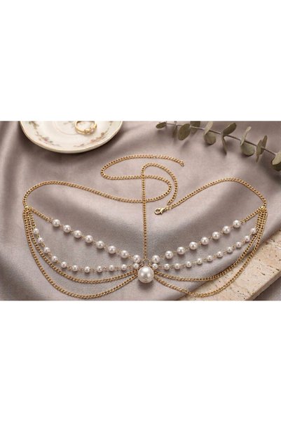 Shiklik Accesoriu de păr pentru femei cu lanț de perle de culoare argintie