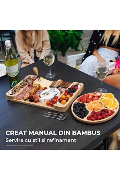 Elindor Set de platouri de servire din bambus, cu tavă rotundă, cuțite pentru brânză, boluri și furculițe ceramice
