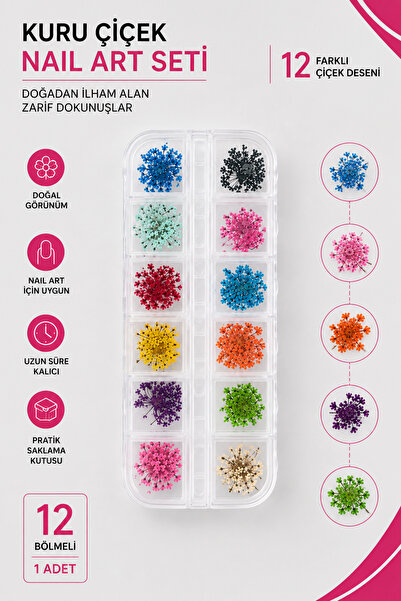RNK BEAUTY Nail Art Süsleme Kuru Çiçek 12'li Renkli Set