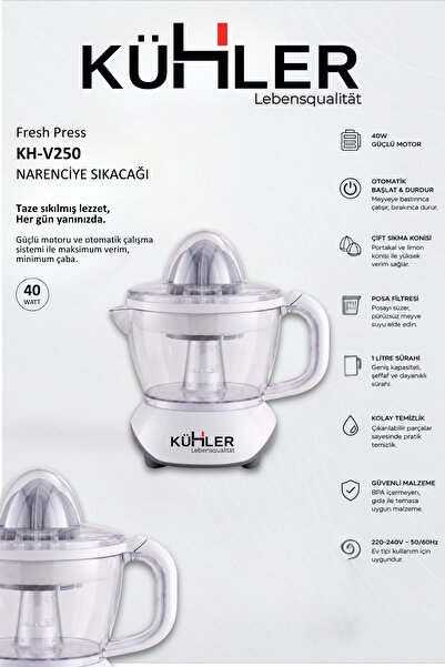 kühler Fresh Press Elektrikli Narenciye Sıkacağı 40W | 0,7 L Hazneli Portakal...