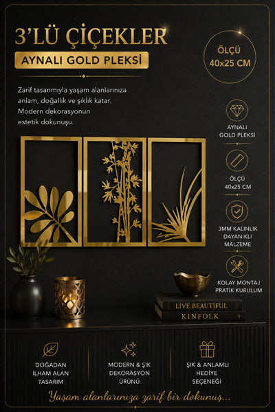 Numa Concept Duvar Dekoru 3'lü MDF Çiçekler Salon Ofis Ve Antre İçin Tablo | 40x25 Cm